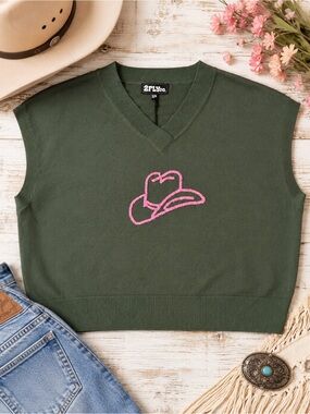 2Fly Co. Olive Green Western Cowboy Hat Knit Top – Pink Embroidered Cowgirl Shir